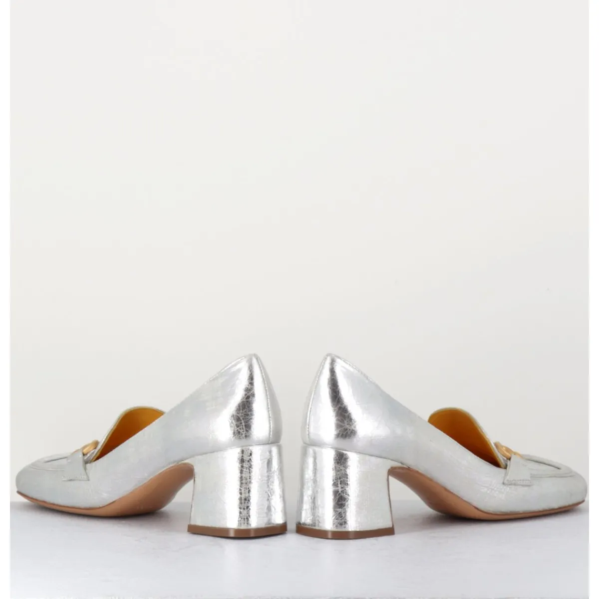 Mocassins^MARA BINI Mocassins petit talon en cuir & mors doré - Q167 VINTAGE SILVER ARGENT