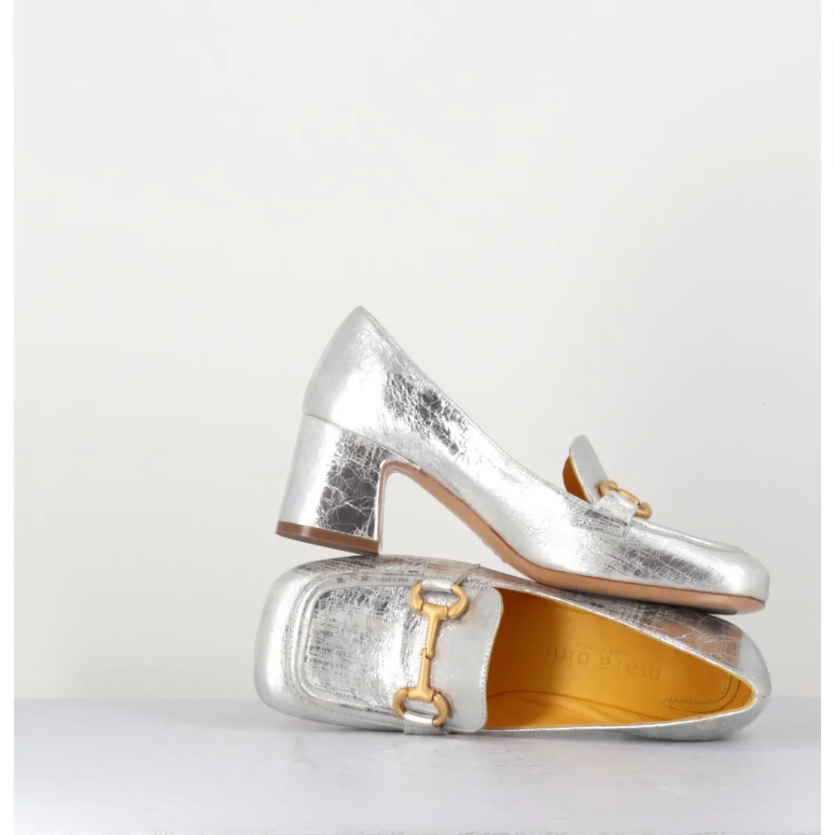 Mocassins^MARA BINI Mocassins petit talon en cuir & mors doré - Q167 VINTAGE SILVER ARGENT