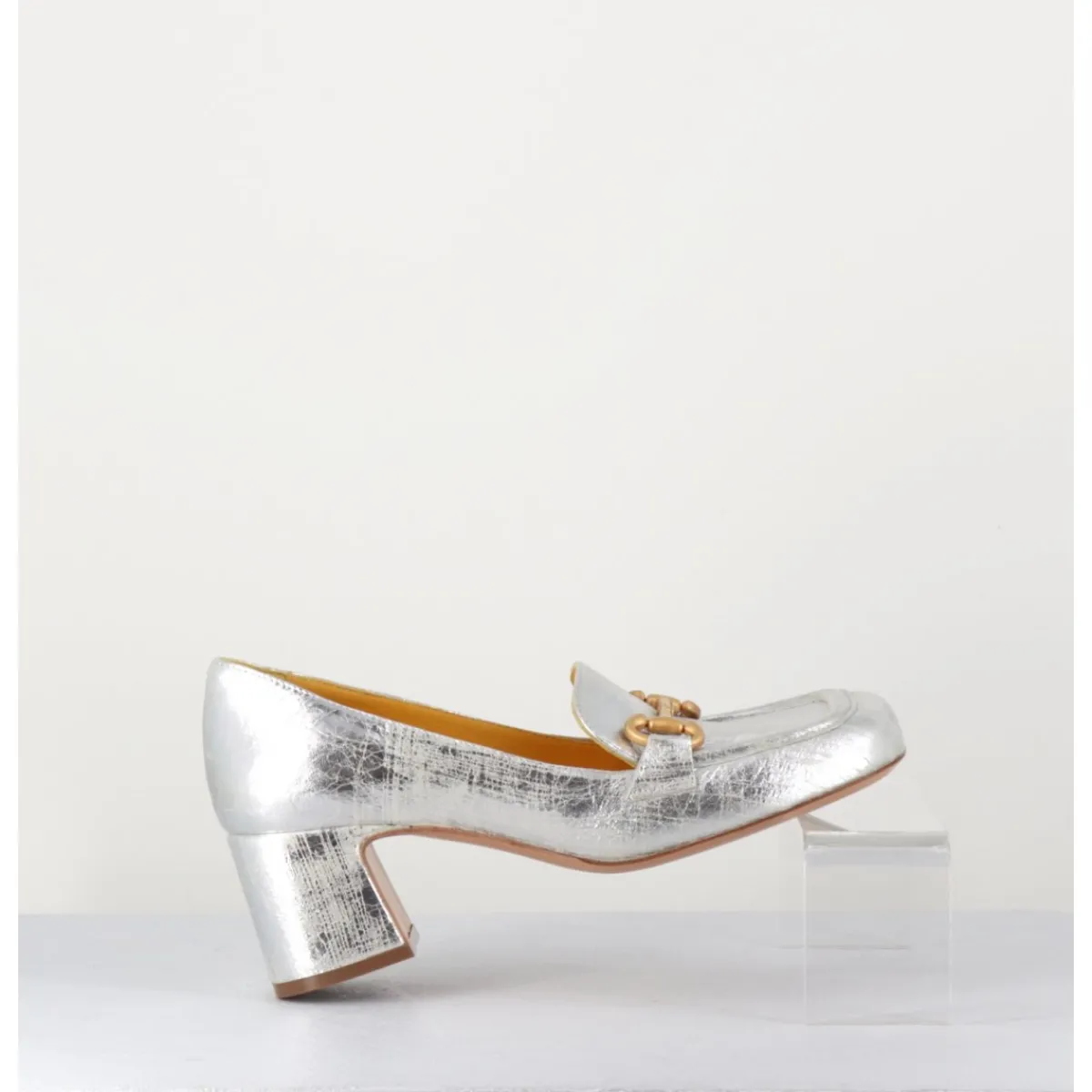 Mocassins^MARA BINI Mocassins petit talon en cuir & mors doré - Q167 VINTAGE SILVER ARGENT