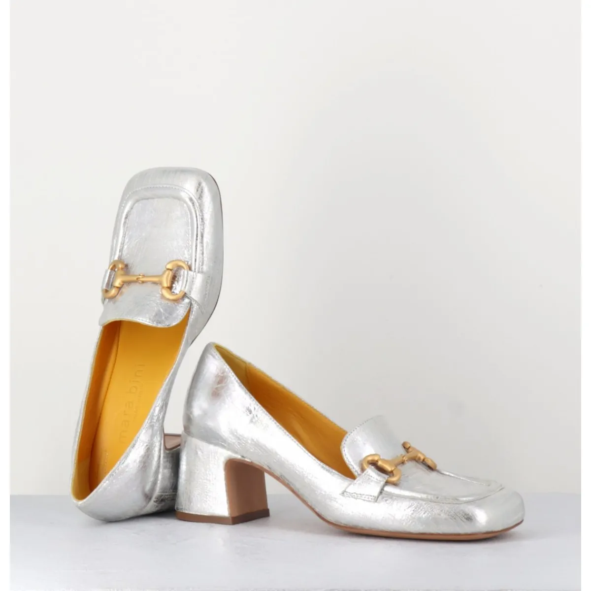 Mocassins^MARA BINI Mocassins petit talon en cuir & mors doré - Q167 VINTAGE SILVER ARGENT