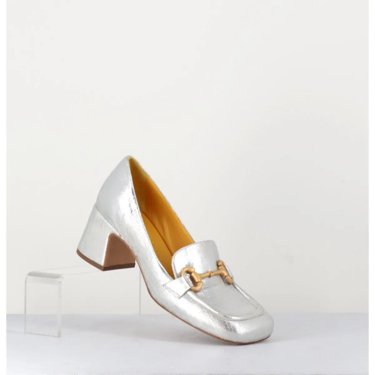 Mocassins^MARA BINI Mocassins petit talon en cuir & mors doré - Q167 VINTAGE SILVER ARGENT