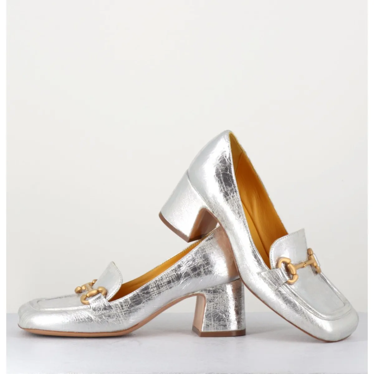 Mocassins^MARA BINI Mocassins petit talon en cuir & mors doré - Q167 VINTAGE SILVER ARGENT