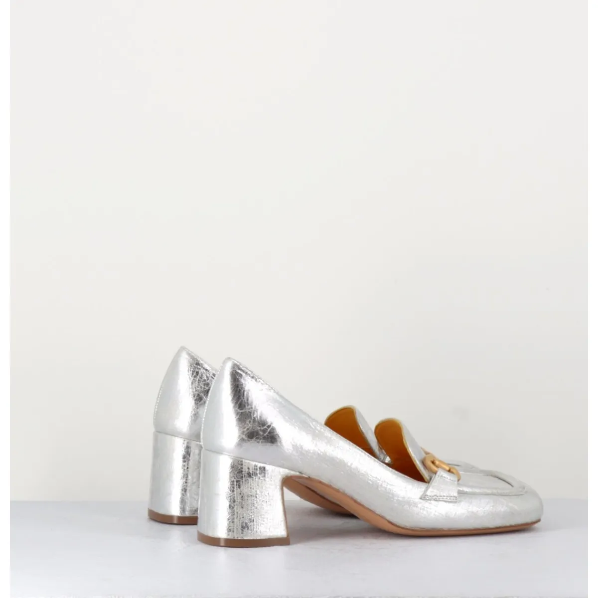 Mocassins^MARA BINI Mocassins petit talon en cuir & mors doré - Q167 VINTAGE SILVER ARGENT