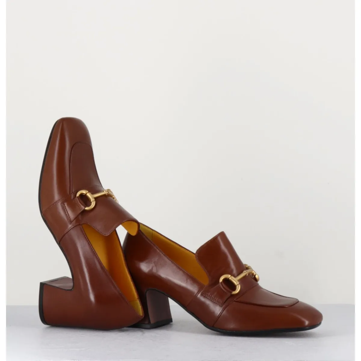 Mocassins | Chaussures^MARA BINI Mocassins 70s à talon en cuir camel bout carré - H759 SETA CASTORO COGNAC