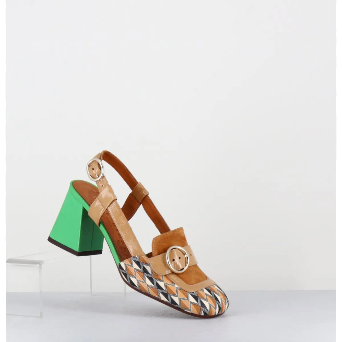 Mocassins | Chaussures^CHIE MIHARA Mocassins slingback motif rétro camel & vert - SUYLI BLUES CUERO