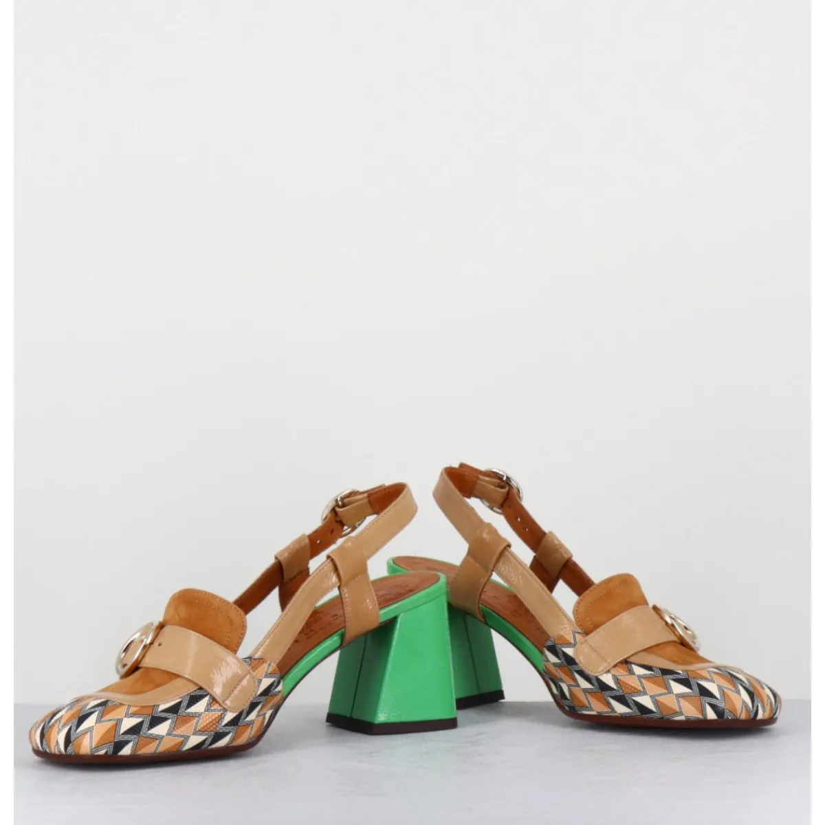 Mocassins | Chaussures^CHIE MIHARA Mocassins slingback motif rétro camel & vert - SUYLI BLUES CUERO