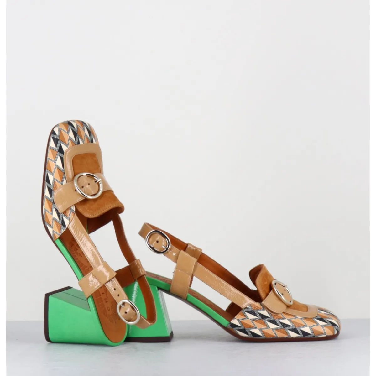 Mocassins | Chaussures^CHIE MIHARA Mocassins slingback motif rétro camel & vert - SUYLI BLUES CUERO