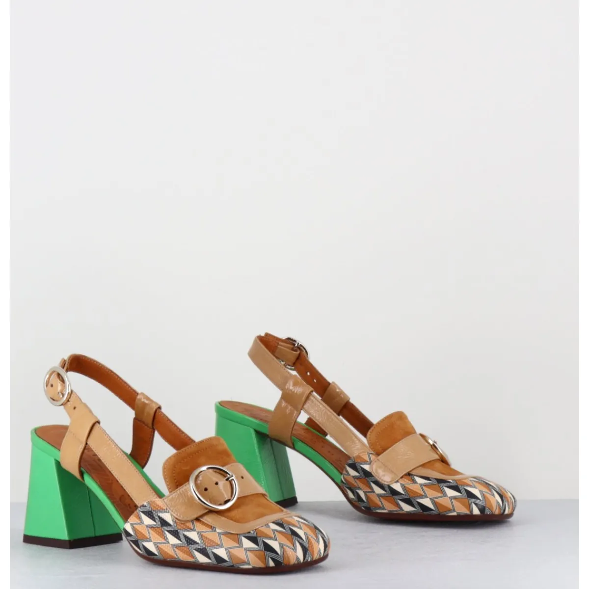 Mocassins | Chaussures^CHIE MIHARA Mocassins slingback motif rétro camel & vert - SUYLI BLUES CUERO