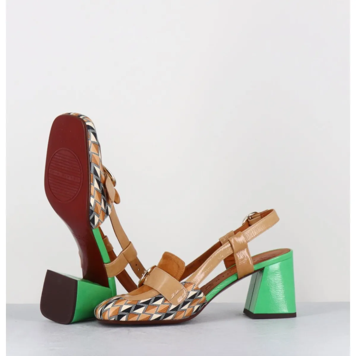 Mocassins | Chaussures^CHIE MIHARA Mocassins slingback motif rétro camel & vert - SUYLI BLUES CUERO
