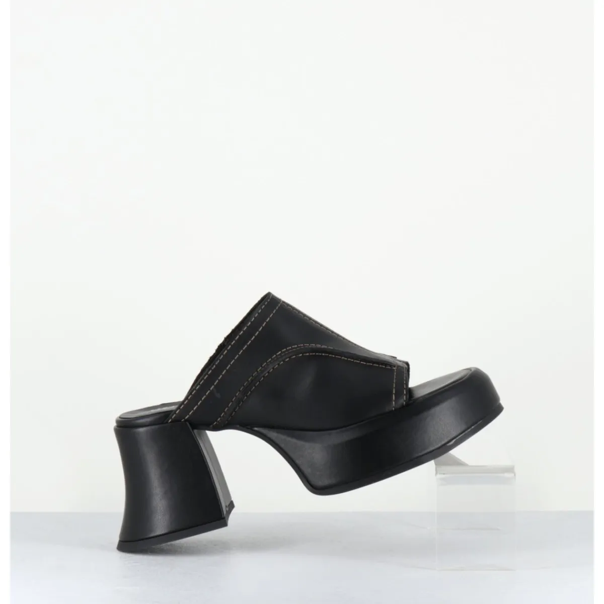 Plateformes^E8 BY MIISTA Mules à plateformes 70s cuir & surpiqûres beiges - LOTA BLACK SANDAL NOIR