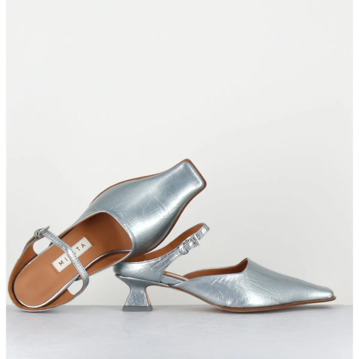 Chaussures^MIISTA Mules bout carré petit talon en cuir irisé ciel - DELF BLUE COURT BLEU