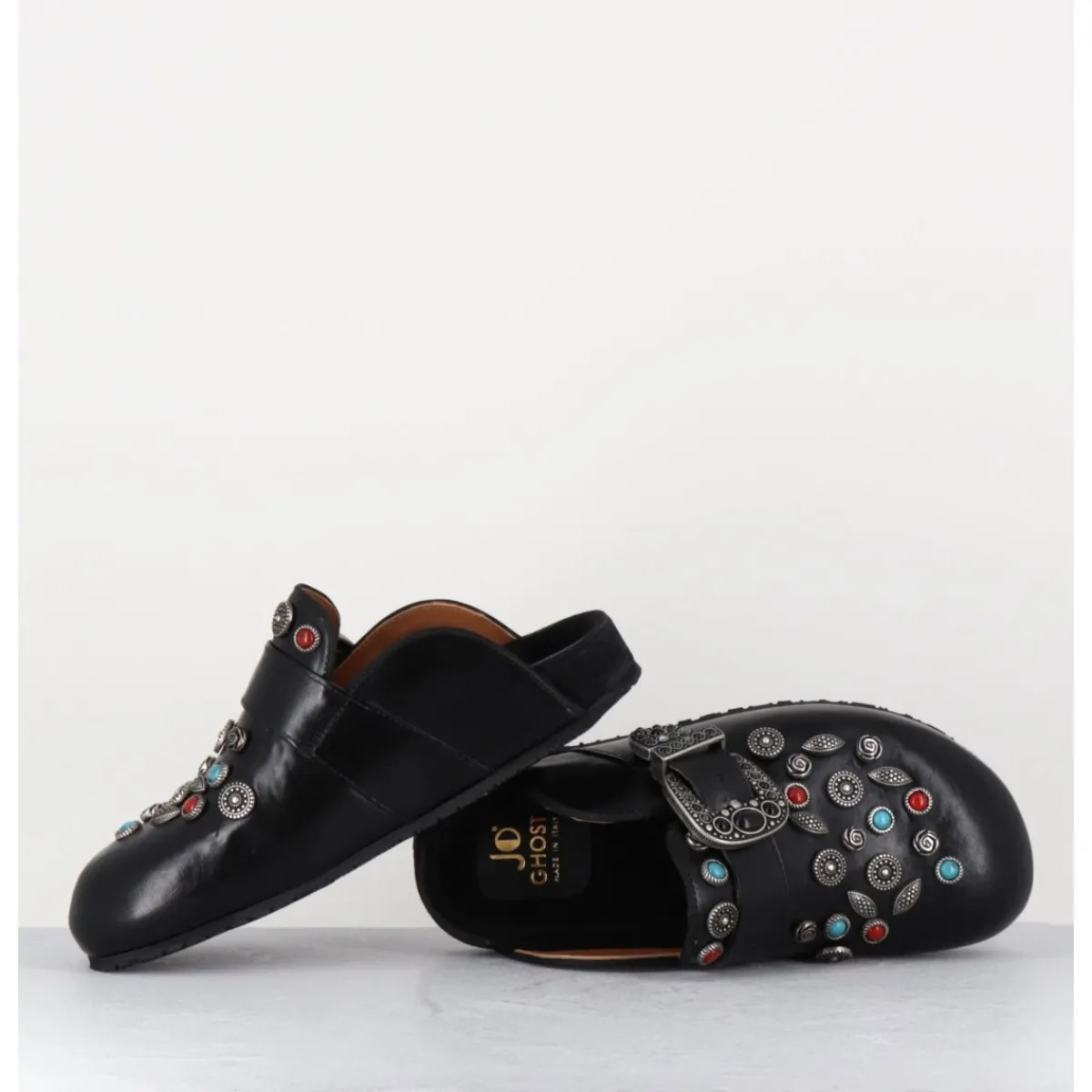 Chaussures^JO GHOST Sabots plats en cuir ornées de pierres - 3602MOD NERO NOIR