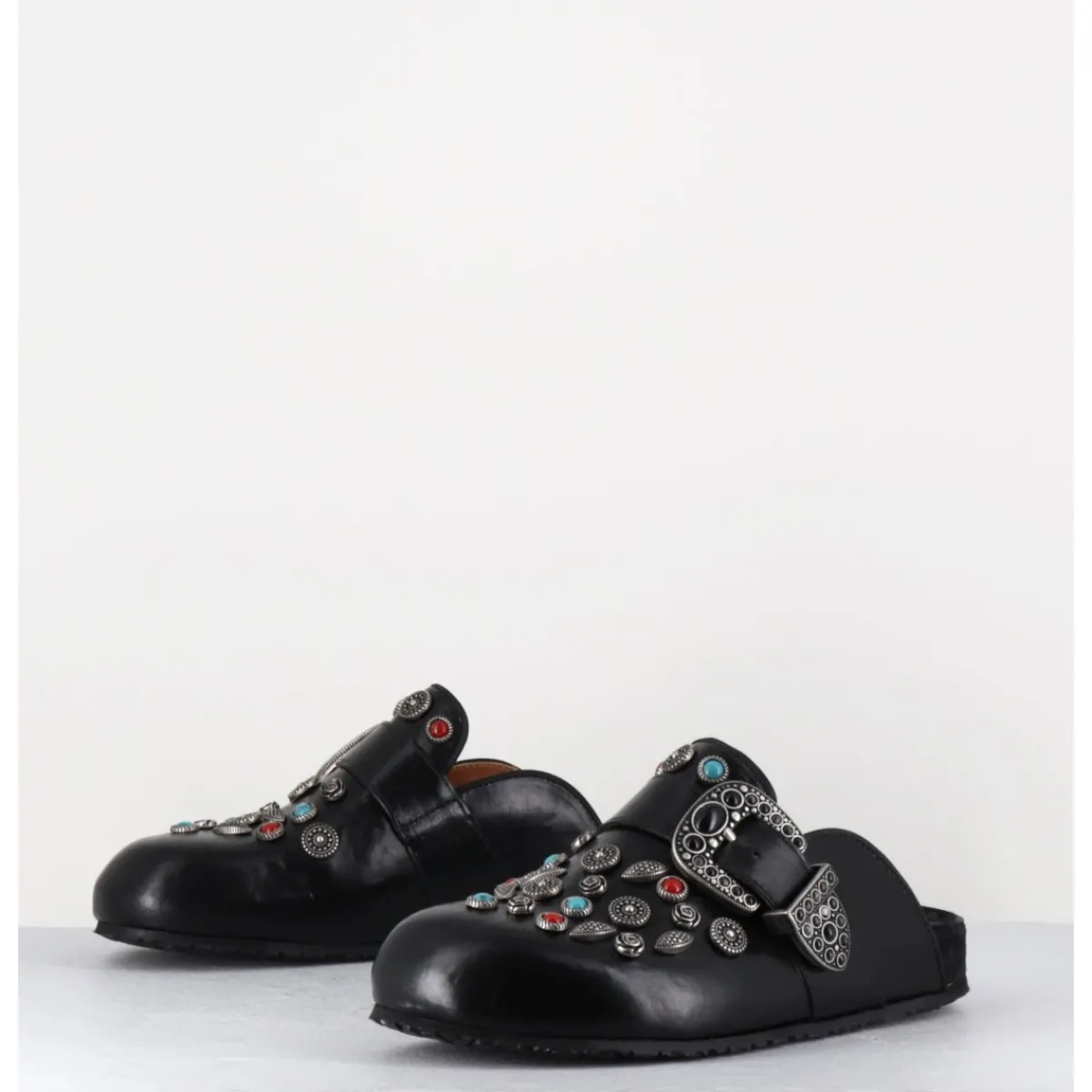 Chaussures^JO GHOST Sabots plats en cuir ornées de pierres - 3602MOD NERO NOIR