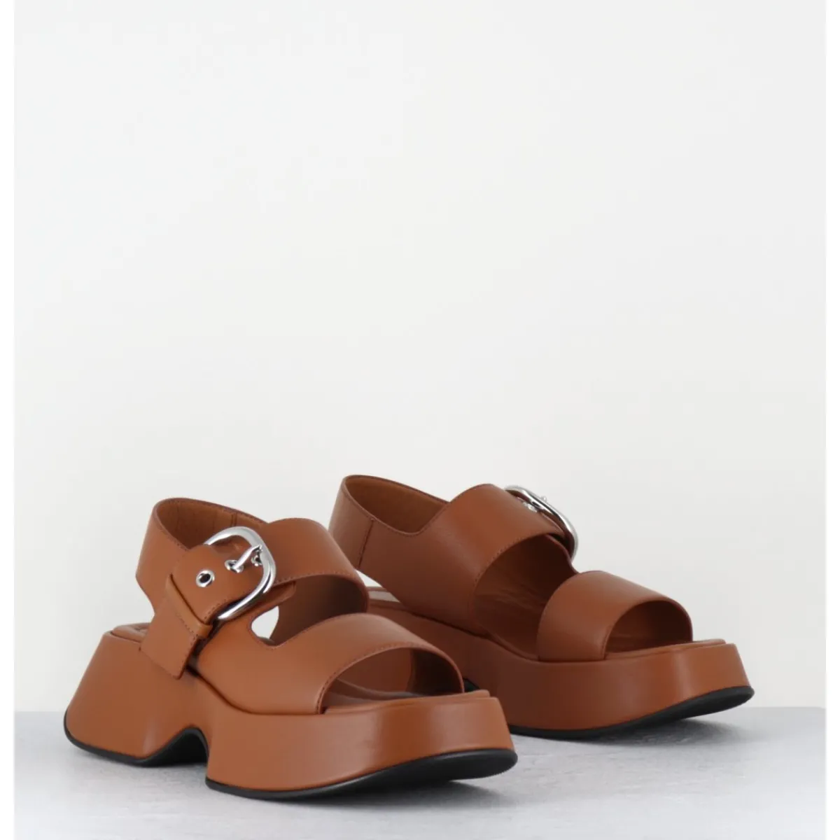 Plateformes^VIC MATIE Sandales à plateforme en cuir & boucle argent - 1E1500D TRAVEL TOBACCO CAMEL