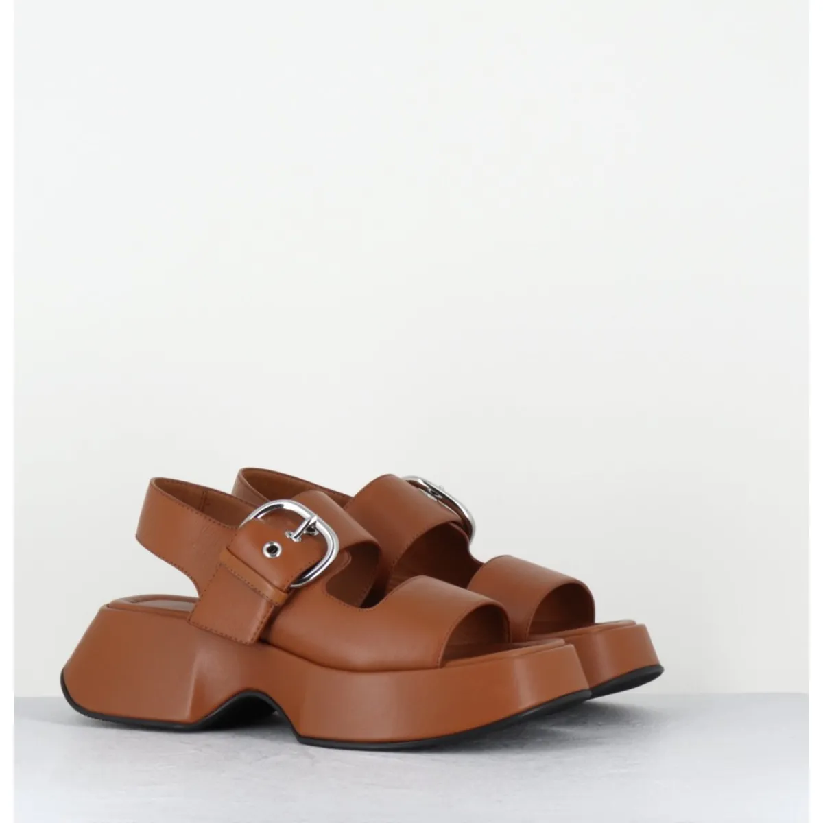 Plateformes^VIC MATIE Sandales à plateforme en cuir & boucle argent - 1E1500D TRAVEL TOBACCO CAMEL