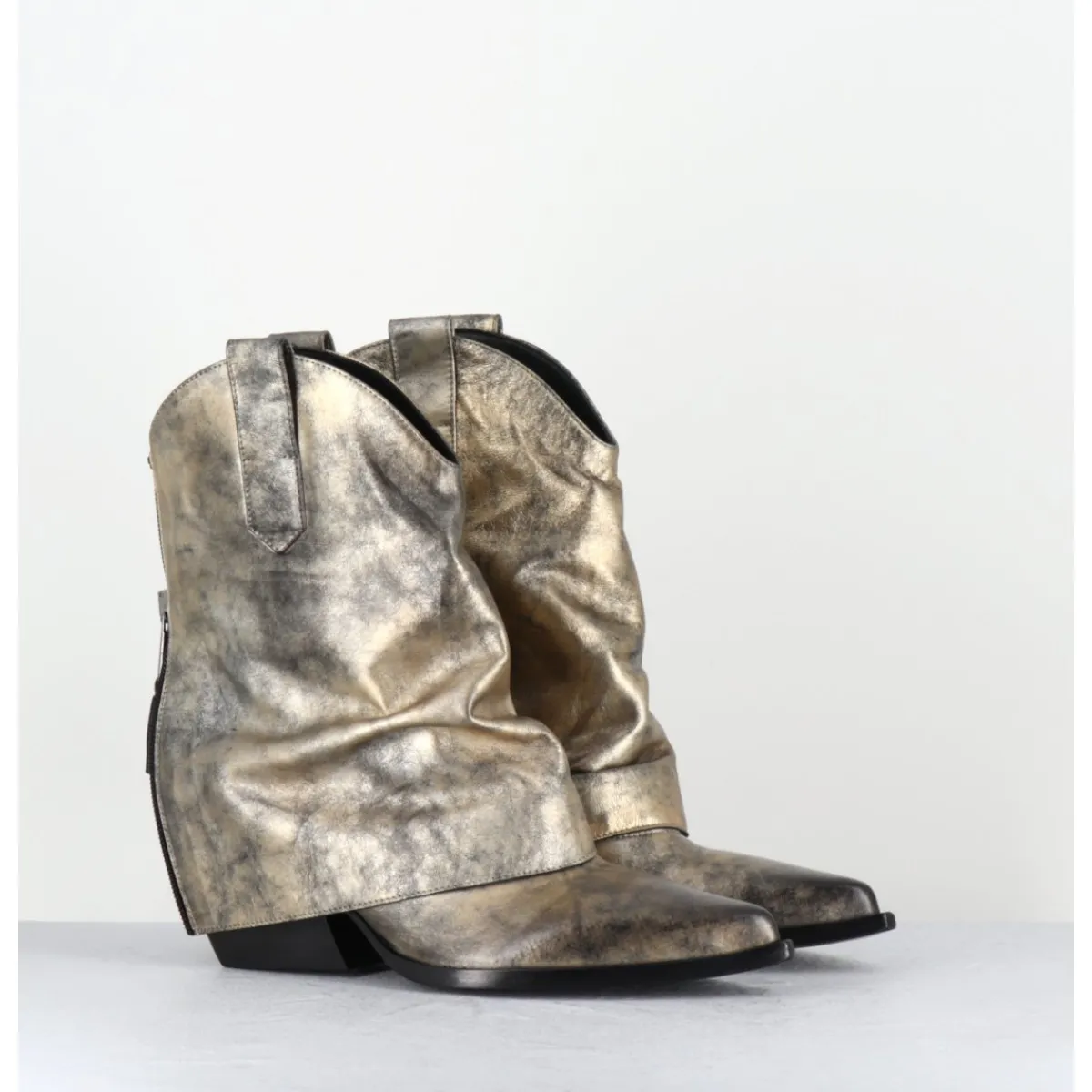 Boots | Santiags^ELENA IACHI Santiag guêtre zip cuir doré patiné - E3973 MISTER ORO DORE
