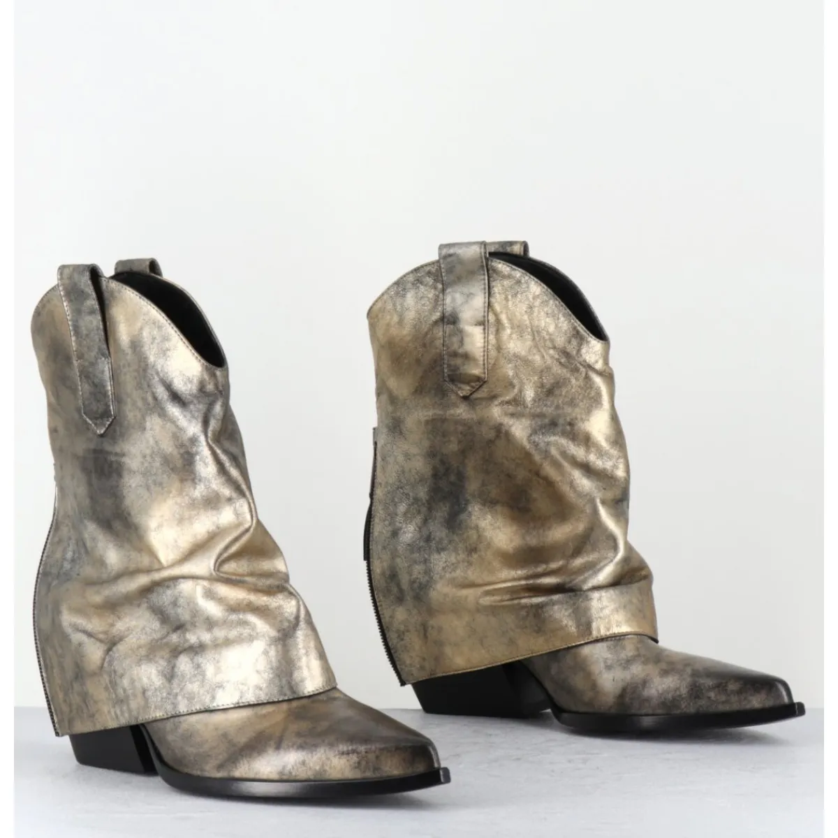 Boots | Santiags^ELENA IACHI Santiag guêtre zip cuir doré patiné - E3973 MISTER ORO DORE