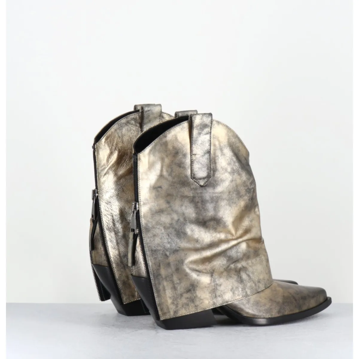 Boots | Santiags^ELENA IACHI Santiag guêtre zip cuir doré patiné - E3973 MISTER ORO DORE