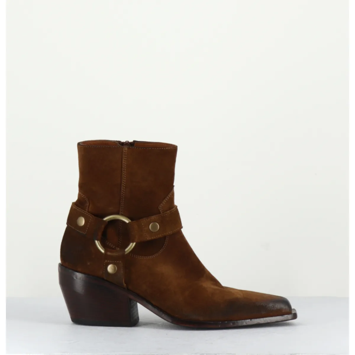 Boots | Santiags^ELENA IACHI Santiags boucle western bout carré daim - E2646H24 VELOUR NUCCIOLA MARRON