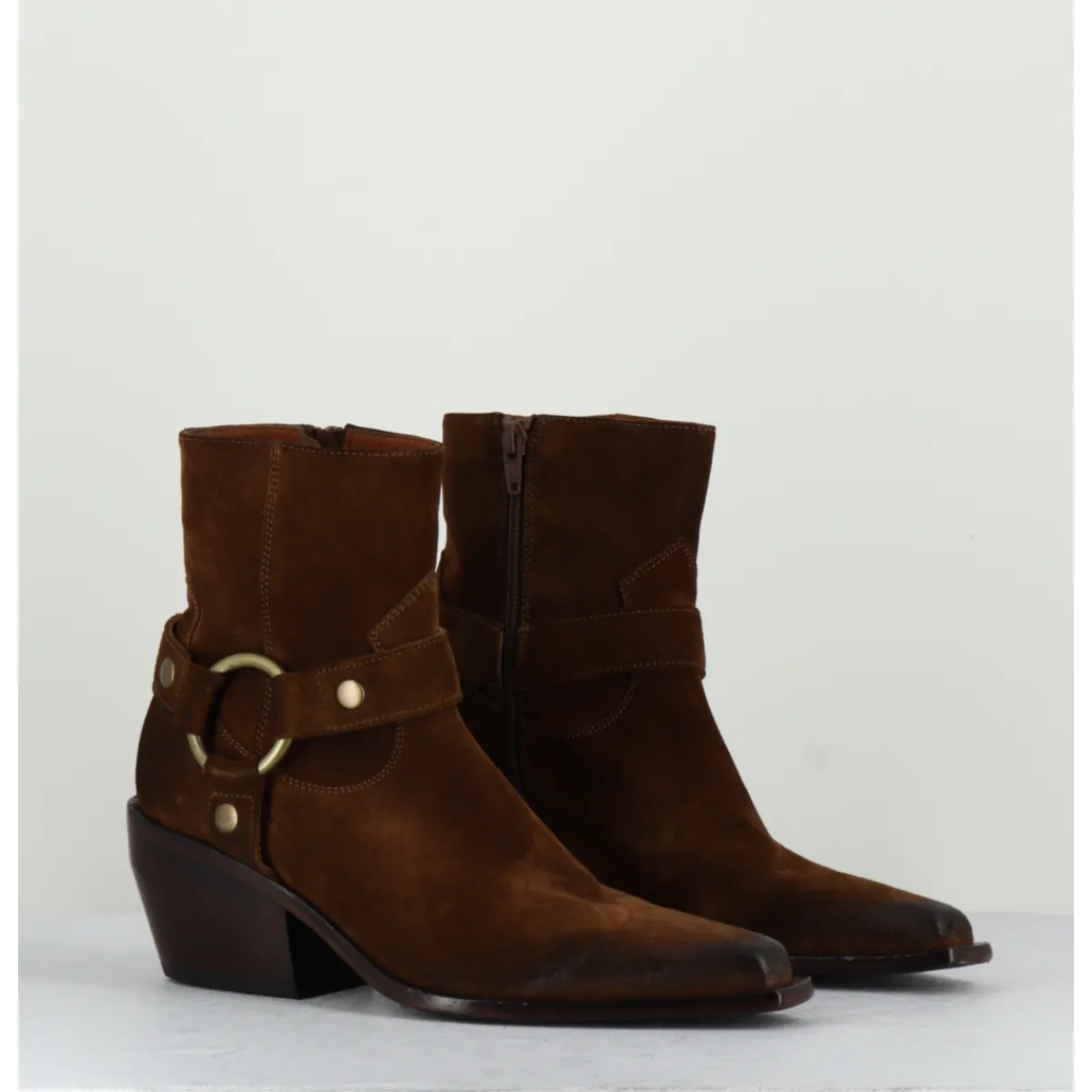 Boots | Santiags^ELENA IACHI Santiags boucle western bout carré daim - E2646H24 VELOUR NUCCIOLA MARRON