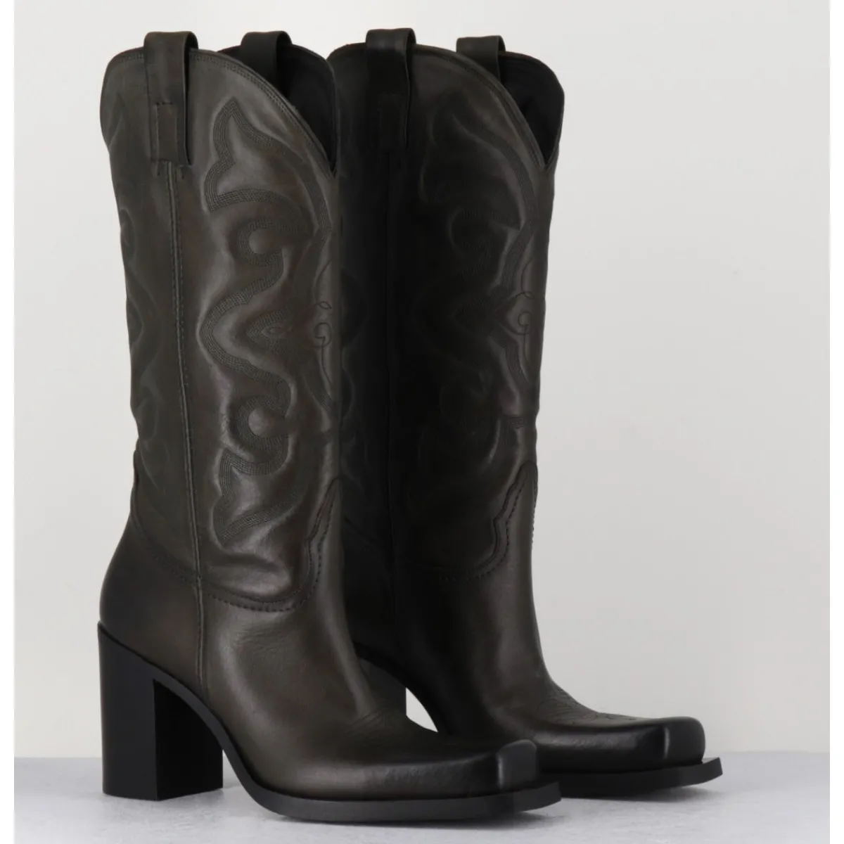 Bottes | Boots^ELENA IACHI Texan boots bout carré en cuir khaki & surpiqures - E3660 MILITARE