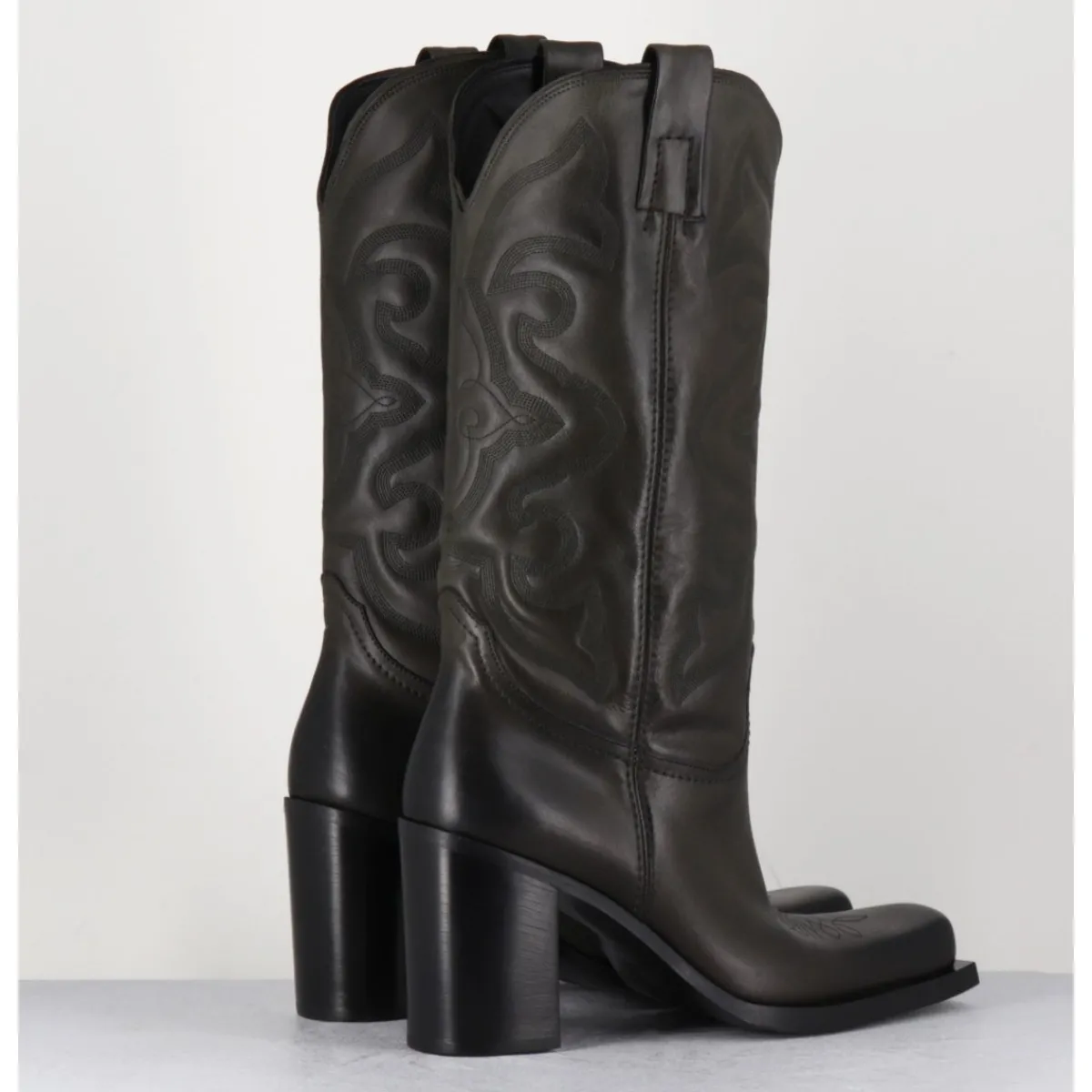 Bottes | Boots^ELENA IACHI Texan boots bout carré en cuir khaki & surpiqures - E3660 MILITARE
