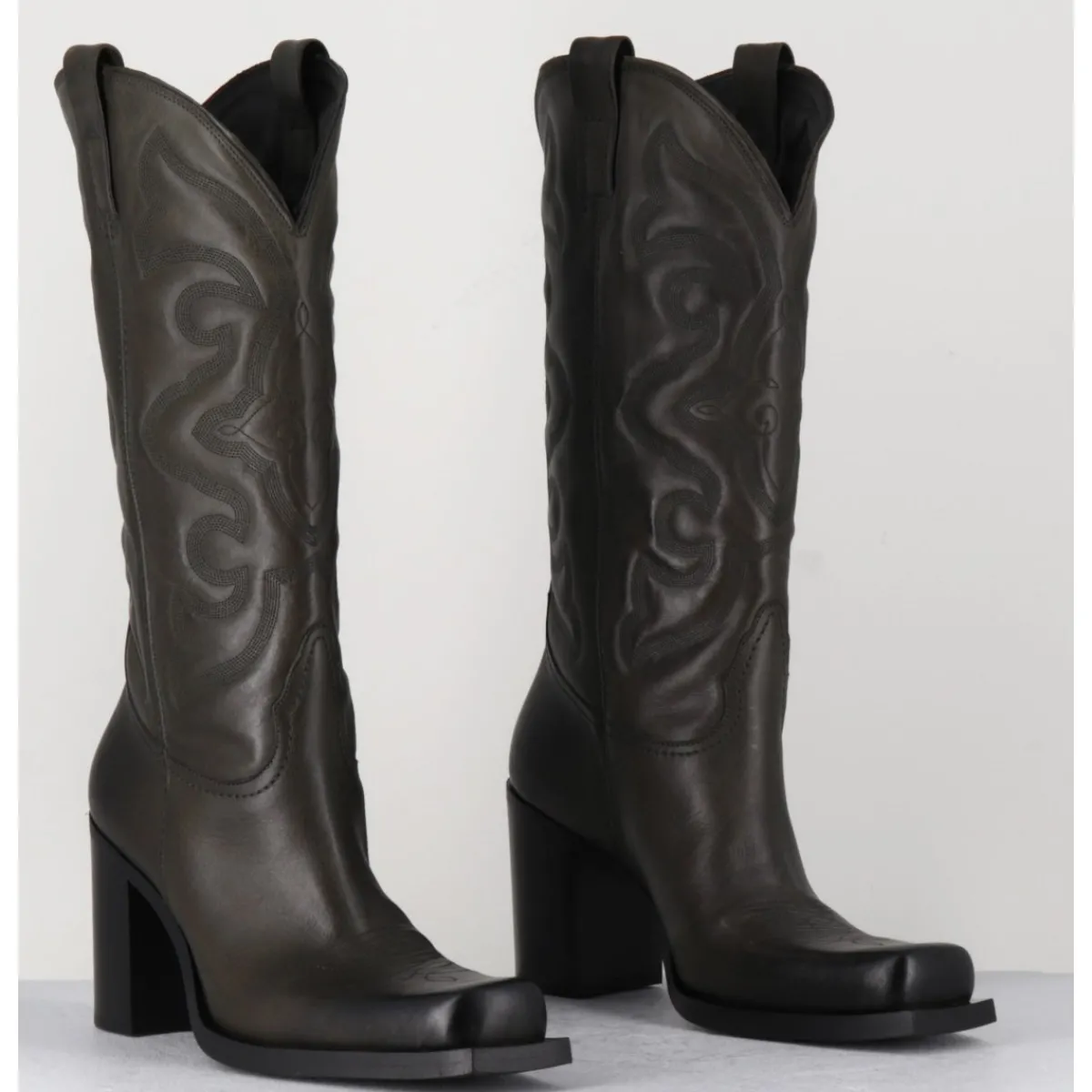Bottes | Boots^ELENA IACHI Texan boots bout carré en cuir khaki & surpiqures - E3660 MILITARE